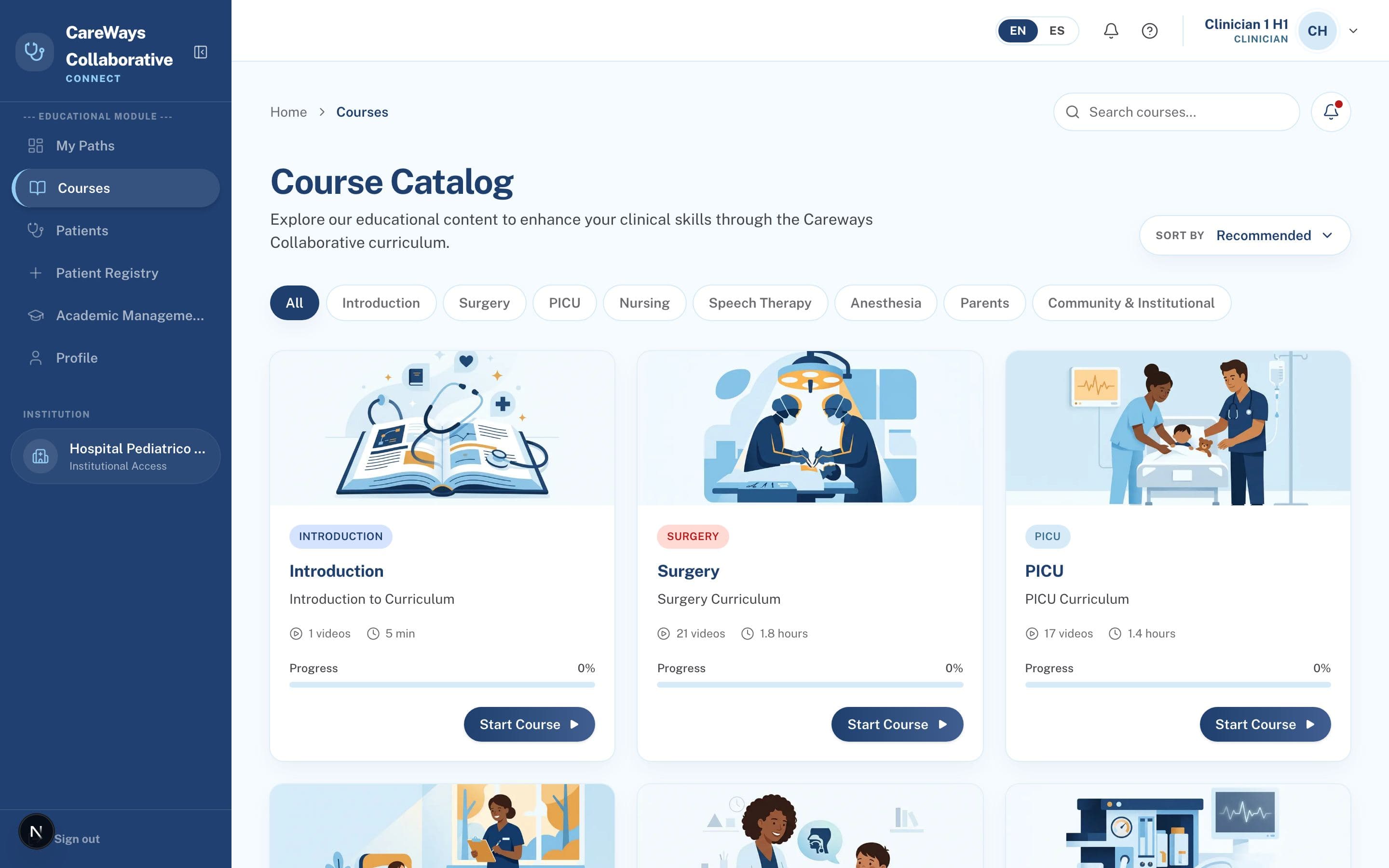 Platform screenshot: Courses