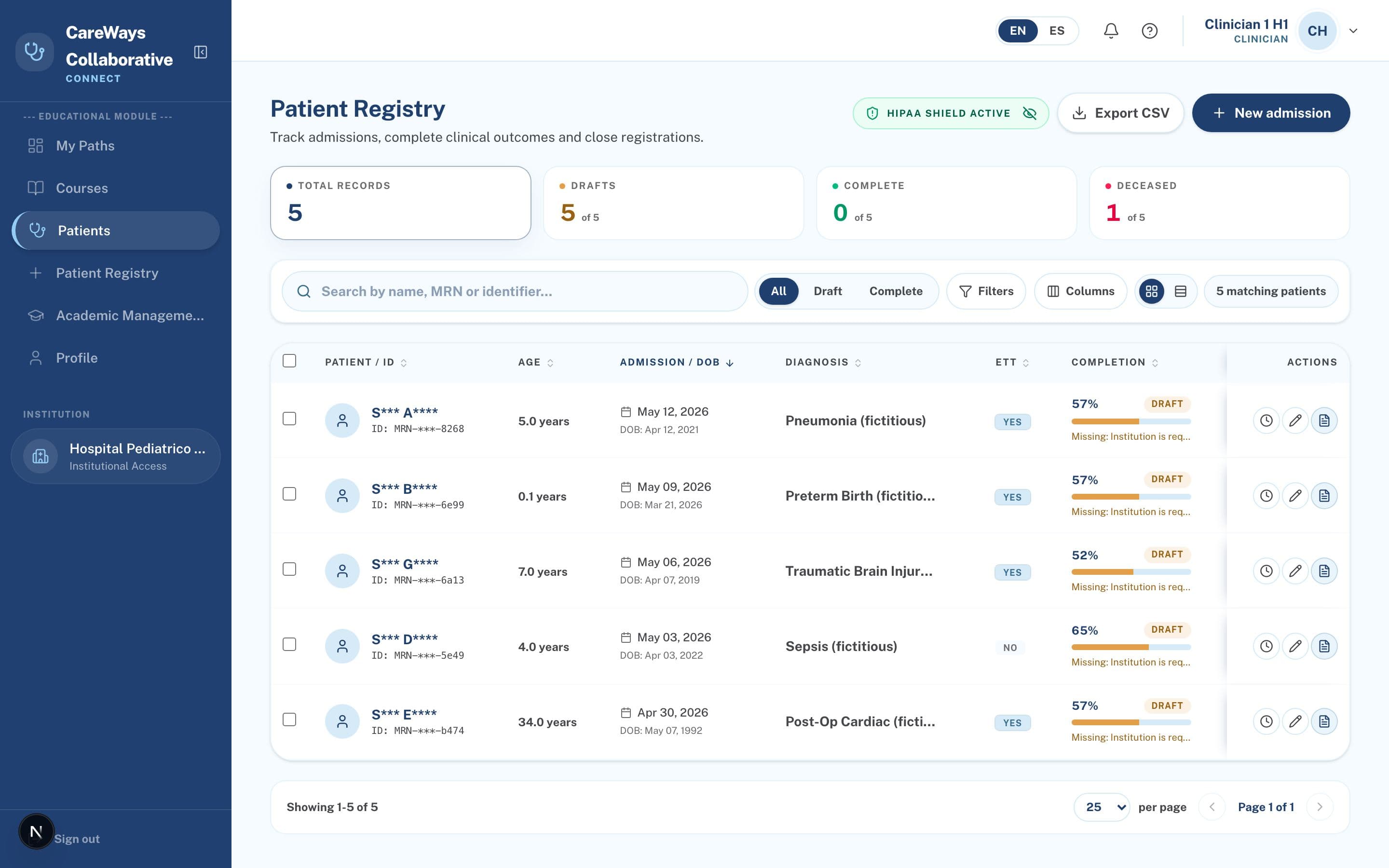 Platform screenshot: Practice registry